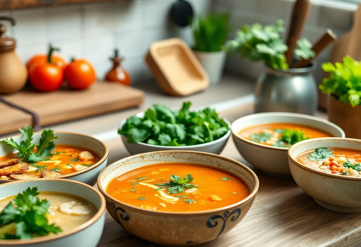A selection of organic soups in colorful bowls, representing comfort food.
