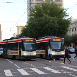 Streetcar in Tucson with pedestrians crossing safely