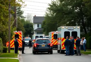 A peaceful street scene during a Tucson SWAT standoff with police vehicles.