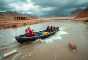 Emergency responders conducting a swift water rescue during a flooding incident.