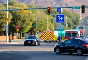 Emergency response vehicles at a Tucson intersection following a fatal traffic accident.