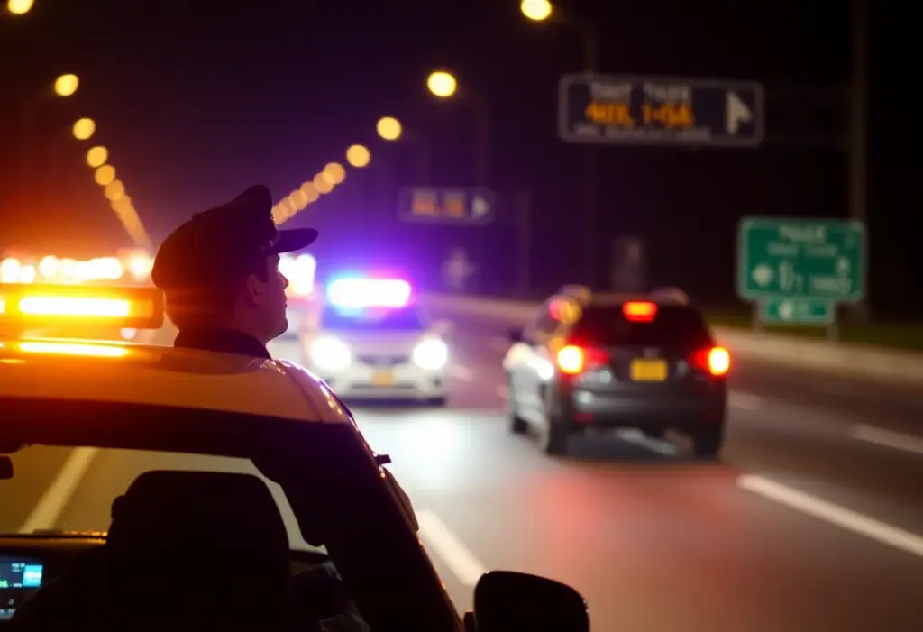 Police conducting a nighttime traffic stop on a busy highway in Tucson.