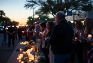 Community members holding candles at a vigil for a murder victim in Tucson