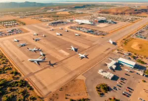 Aerial view of Tucson International Airport under clear skies with airplane traffic and surrounding desert.