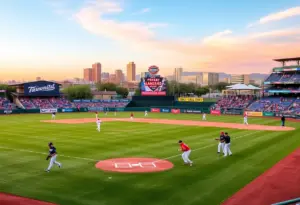 Tucson minor league baseball team practicing on the field with supporters in the background.