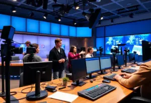 Students collaborating in a modern broadcast studio equipped with Riedel intercom systems