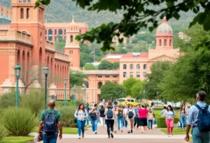 A view of the University of Arizona campus with students and buildings