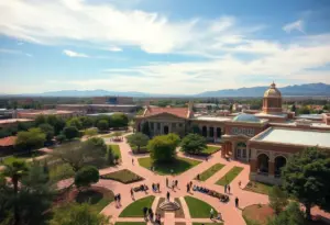 Aerial view of University of Arizona with students on campus.