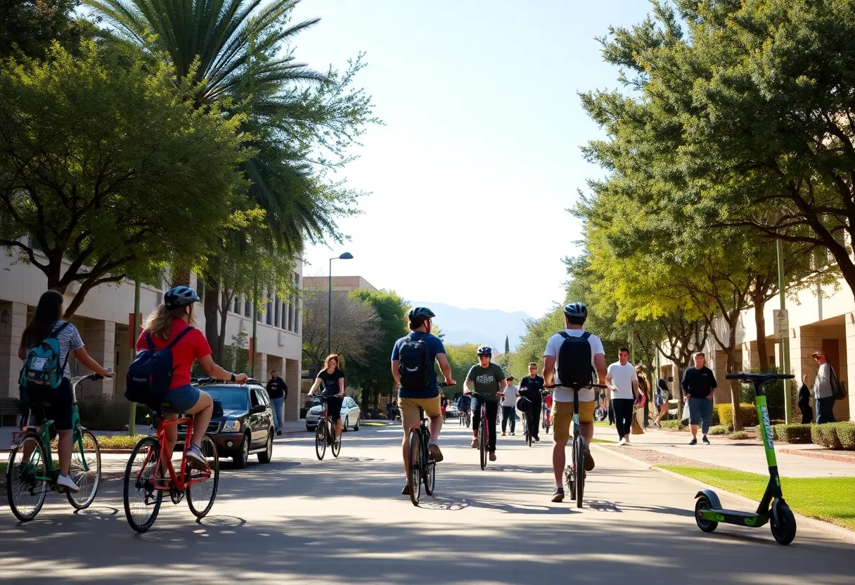 Campus scene at the University of Arizona with students and bikes, representing safety and vigilance.