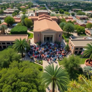 University of Arizona campus with students protesting