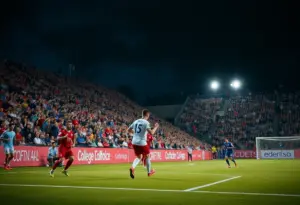 Scene from the University of Arizona women's soccer match against Arizona State, featuring players and cheering fans.
