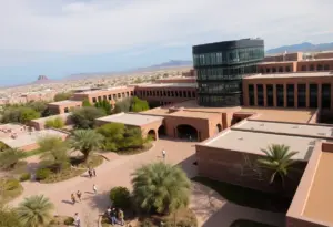 Aerial view of the University of Arizona with students and research facilities.
