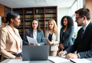 Professional team in a university legal office discussing compliance