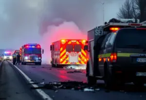Emergency response team at the site of a fiery collision on US 60