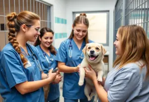 Veterinary students providing care for pets in a shelter setting