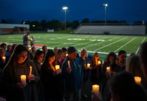 Community members holding candles in remembrance of three high school football players at a vigil.