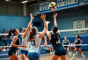 Players competing in a college volleyball match