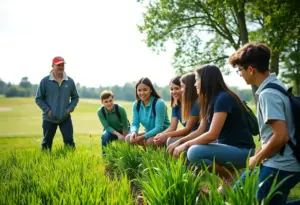 High school students involved in turf management training on a golf course